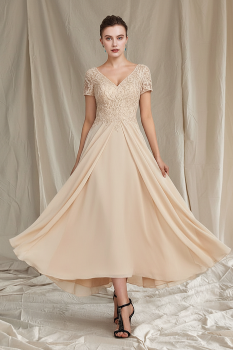 Champagne V-Neck A-Line Princess Tea-Length Dresses for the Mother of the Bride