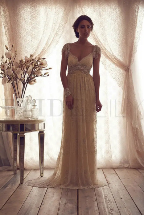Champagne V Neck Backless Boho Wedding Dresses - wedding dresses