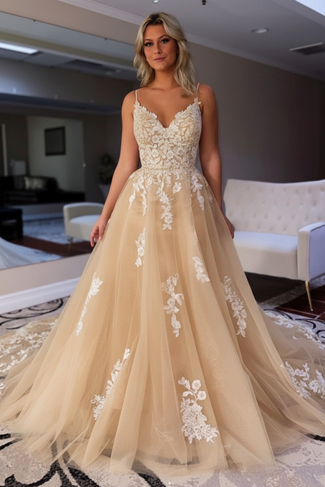 Champagne V Neck Backless Lace Aline Wedding Dresses