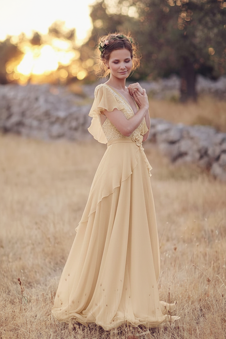 Champagne V Neck Chiffon Boho Unique Cap Sleeves Beach Wedding Dress