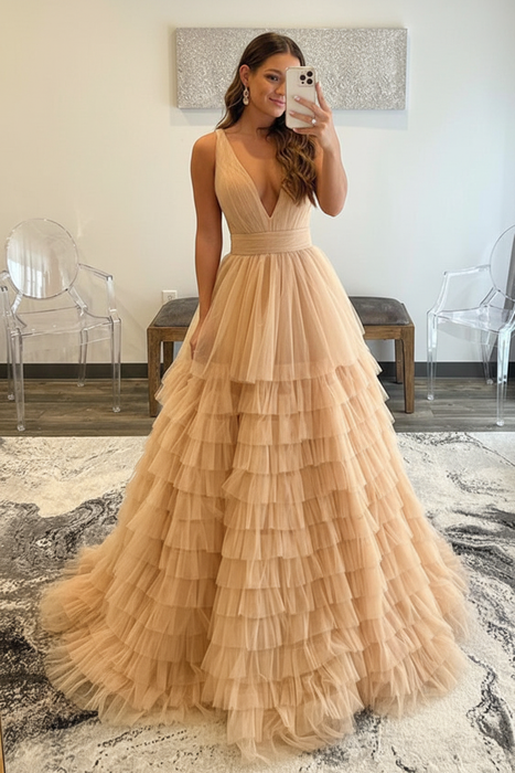 Champagne Tulle Formal Evening Dresses 