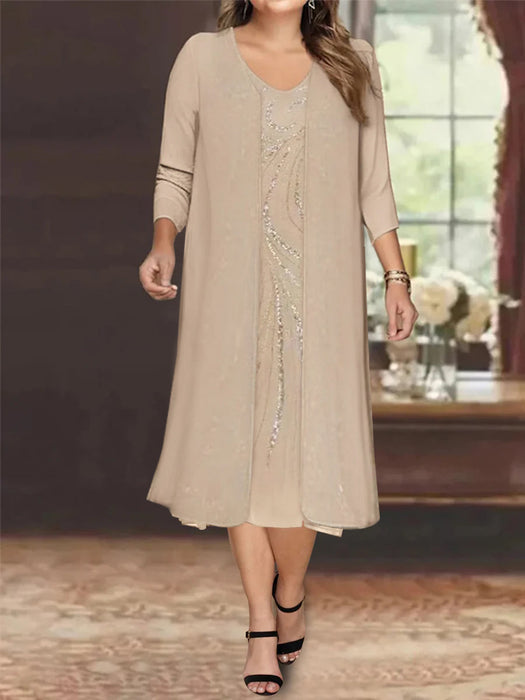 Champagne V-Neck Long-Sleeve Tea-Length Plus Size Mother of the Bride Dress with Jacket and Sequins