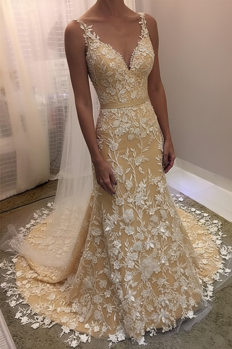 Champagne V Neck Sheath Sleeveless Backless Charming Lace Wedding Dress - Wedding Dresses