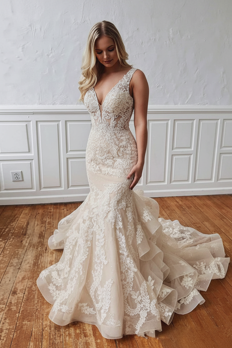 Champagne V Neck Sleeveless Backless Covered Button Mermaid Wedding Dresses