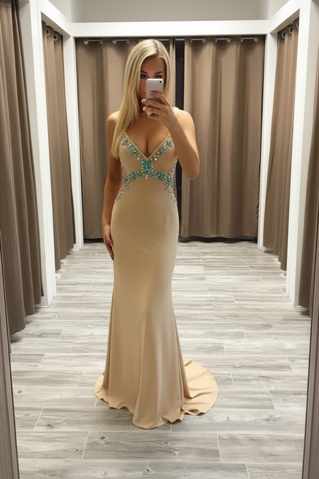 Champagne V-Neck Sleeveless Sweep/Brush Train With Beading Spandex Dresses - Prom Dresses