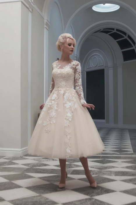 Champagne Tulle Aline Wedding Dress with Appliques Long Sleeves Tea Length Bridal Dress