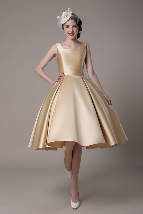 Champagne Wedding Dress Scoop Backless Knee Length Satin Wedding Gown misshow