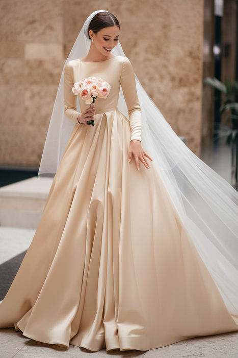 Champagne Vintage Wedding Dress Jewel Neck Sleeveless Natural Waist Satin Fabric Chapel Train Pleated Traditional Dresses For Bride