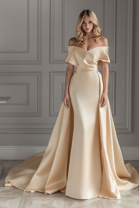Champagne Vintage Wedding Dress With Train Satin Off The Shoulder Wedding Dress Pleated Mermaid Bridal Gowns - Wedding Dresses