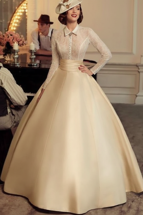 Champagne Vintage Wedding Dresses Halter Long Sleeves Satin Floor Length Lace Traditional Dresses For Bride