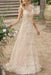 Champagne Simple Wedding Dress A Line V Neck Sleeveless Sash Floor Length Bridal Gowns With Train