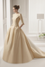 Champagne Wedding Dresses A-line Chapel Bateau Neck Train 3/4 Length Sleeves Bows Satin Fabric White Bridal Dresses