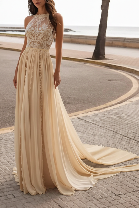 Champagne Wedding Dresses A Line With Court Train Sleeveless Applique Illusion Neckline Bridal Gowns