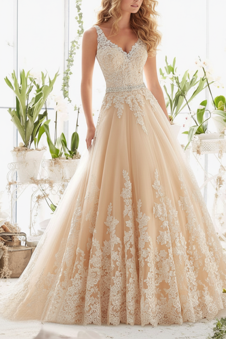 Champagne Wedding Dresses V Neck Sleeveless A Line Lace Embellishment Beaded Sash Bridal Dresses With Train