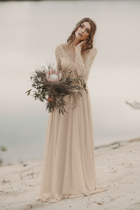 A-Line V Neck Open Back Lace Wedding Dresses Champagne - wedding dresses