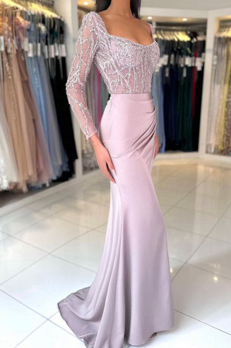 Charming Beaded Scoop Neck Ruched Satin Long Sleeves Prom Dress