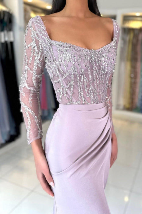 Charming Beaded Scoop Neck Ruched Satin Long Sleeves Prom Dress