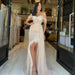 Charming Champagne Off-The-Shoulder Sequined Prom Dress with Feather