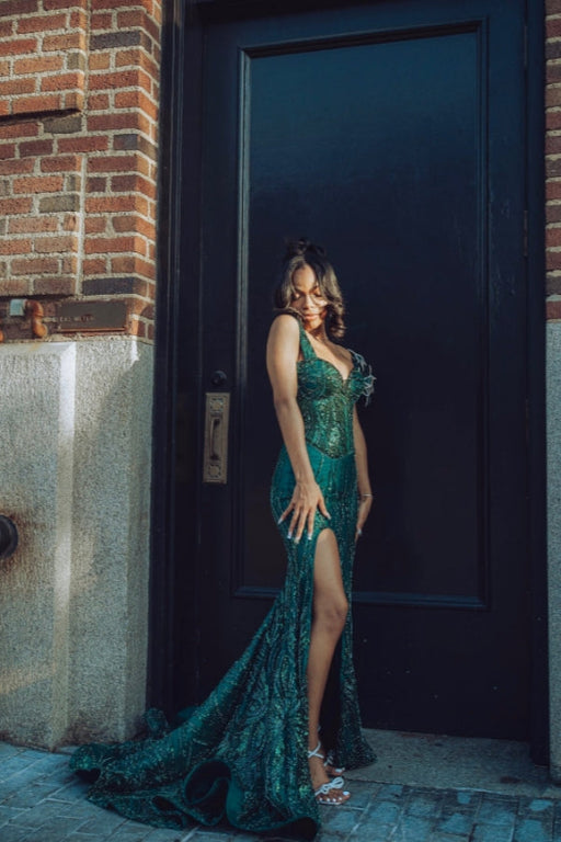 Charming Dark Green Mermaid Evening Dress Glitter High Split Beadings Prom Dress - Evening Dresses