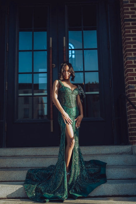 Charming Dark Green Mermaid Evening Dress Glitter High Split Beadings Prom Dress - Evening Dresses