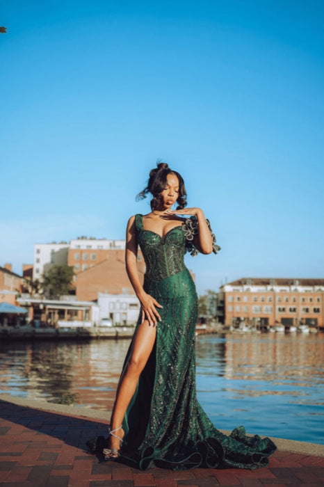 Charming Dark Green Mermaid Evening Dress Glitter High Split Beadings Prom Dress - Evening Dresses