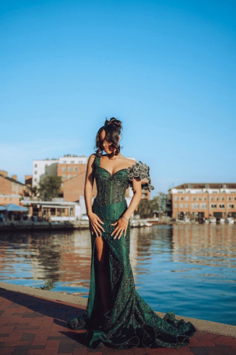 Charming Dark Green Mermaid Evening Dress Glitter High Split Beadings Prom Dress - Evening Dresses