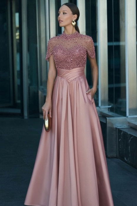Dusty pink Satin Aline Evening Dress Short Sleeves with Beadings