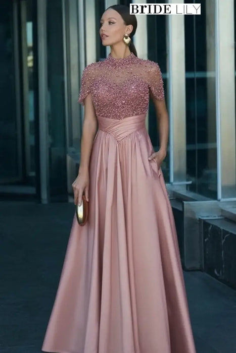 Dusty pink Satin Aline Evening Dress Short Sleeves with Beadings