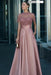Dusty pink Satin Aline Evening Dress Short Sleeves with Beadings