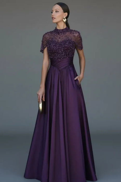 Charming Dark Green Satin Aline Evening Dress Short Sleeves with Beadings - Regency