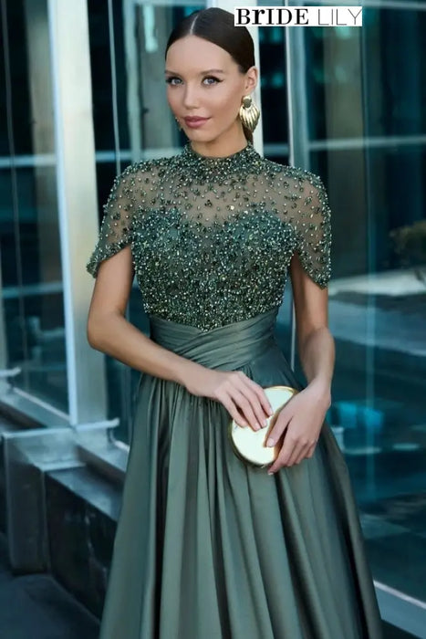 Charming Dark Green Satin Aline Evening Dress Short Sleeves with Beadings