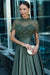 Charming Dark Green Satin Aline Evening Dress Short Sleeves with Beadings
