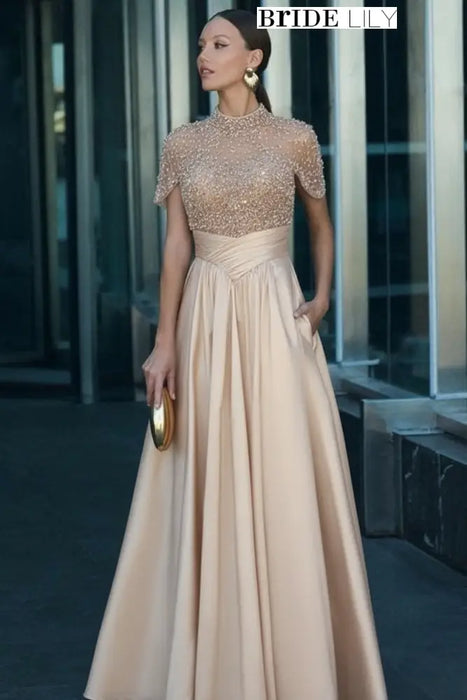 champagne-satin-aline-evening-dress-short-sleeves-with-beadings