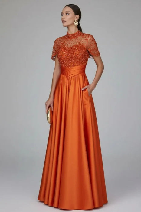 Charming Dark Green Satin Aline Evening Dress Short Sleeves with Beadings - Orange