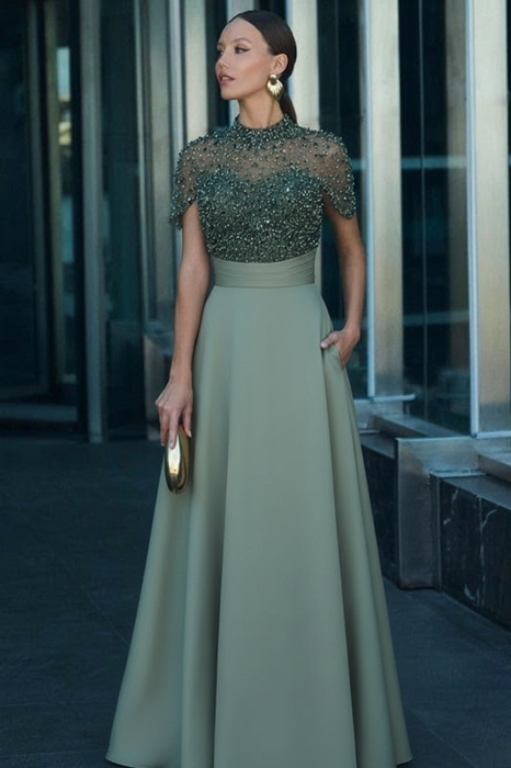 Satin Aline Evening Dress Short Sleeves with Beadings