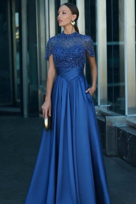 royal blue satin Aline Evening Dress Short Sleeves with Beadings