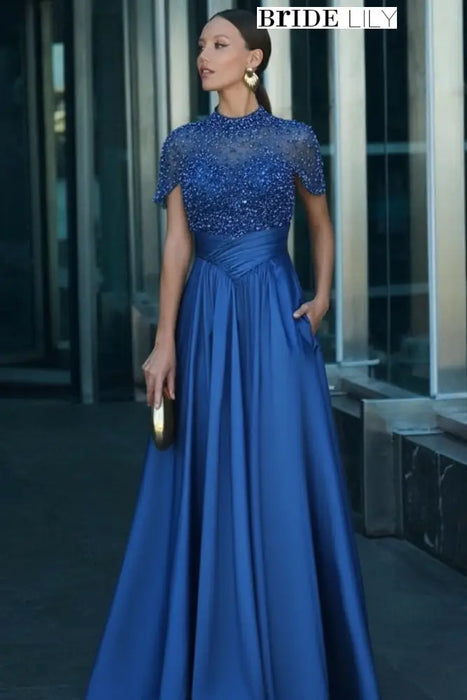 royal blue satin Aline Evening Dress Short Sleeves with Beadings