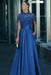 royal blue satin Aline Evening Dress Short Sleeves with Beadings