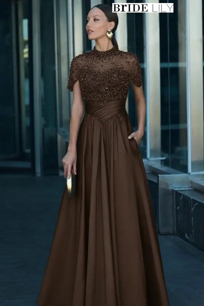 Charming Dark Green Satin Aline Evening Dress Short Sleeves with Beadings