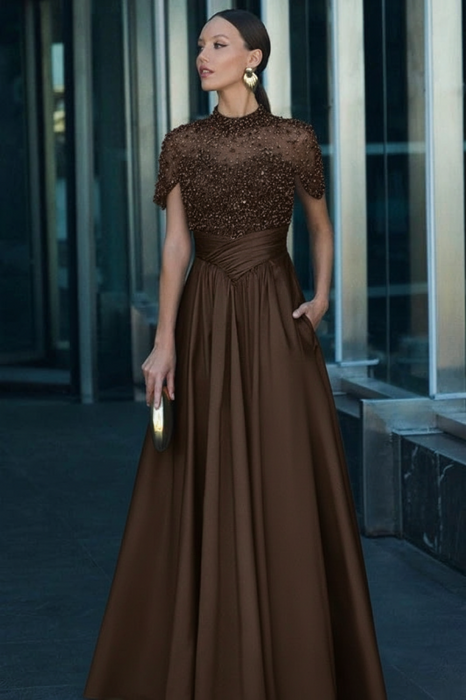 Brown Satin Aline Evening Dress Short Sleeves with Beading