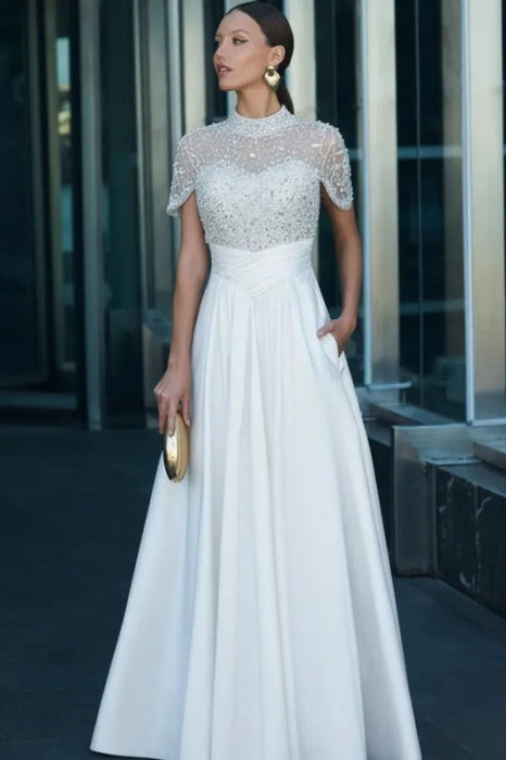 Charming Dark Green Satin Aline Evening Dress Short Sleeves with Beadings - White