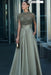 Dusty Sage Satin Aline Evening Dress Short Sleeves with Beadings