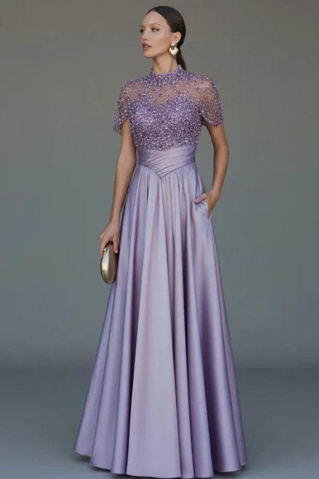 Charming Dark Green Satin Aline Evening Dress Short Sleeves with Beadings - Wisteria