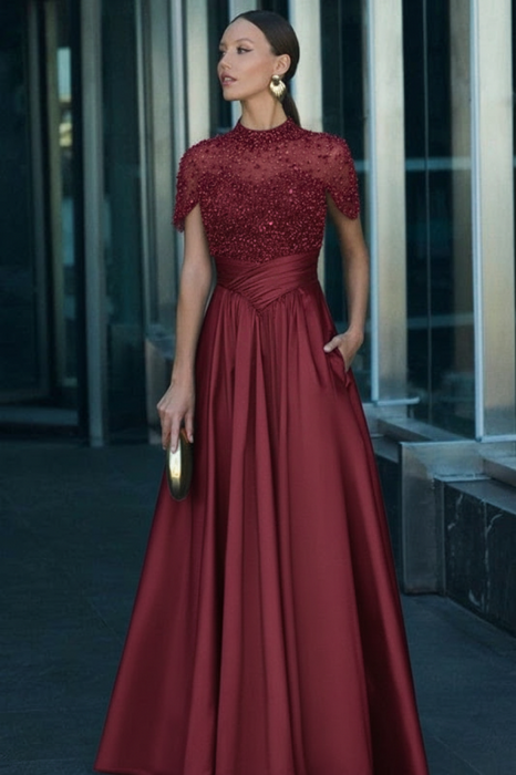 Charming burgundy Satin Aline Evening Dress Short Sleeves with Beadings