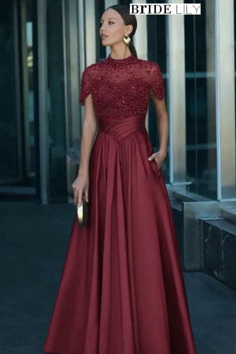 Charming burgundy Satin Aline Evening Dress Short Sleeves with Beadings