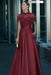 Charming burgundy Satin Aline Evening Dress Short Sleeves with Beadings