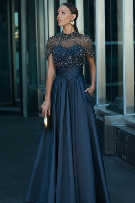 Navy Blue Satin Aline Evening Dress Short Sleeves with Beadings