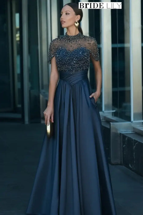 Navy Blue Satin Aline Evening Dress Short Sleeves with Beadings