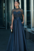 Navy Blue Satin Aline Evening Dress Short Sleeves with Beadings