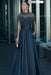 Navy Blue Satin Aline Evening Dress Short Sleeves with Beadings
